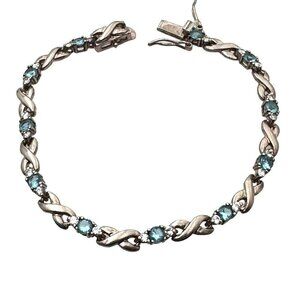 Sterling Silver Womens Bracelet Estate Blue Cubic Zirconia Infinity Tennis